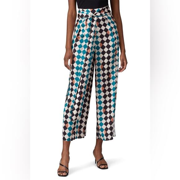 PatBo Check Print Tie Waist High Rise Slit Wide Leg Satin Pants 4 FLAWED - Picture 3 of 12